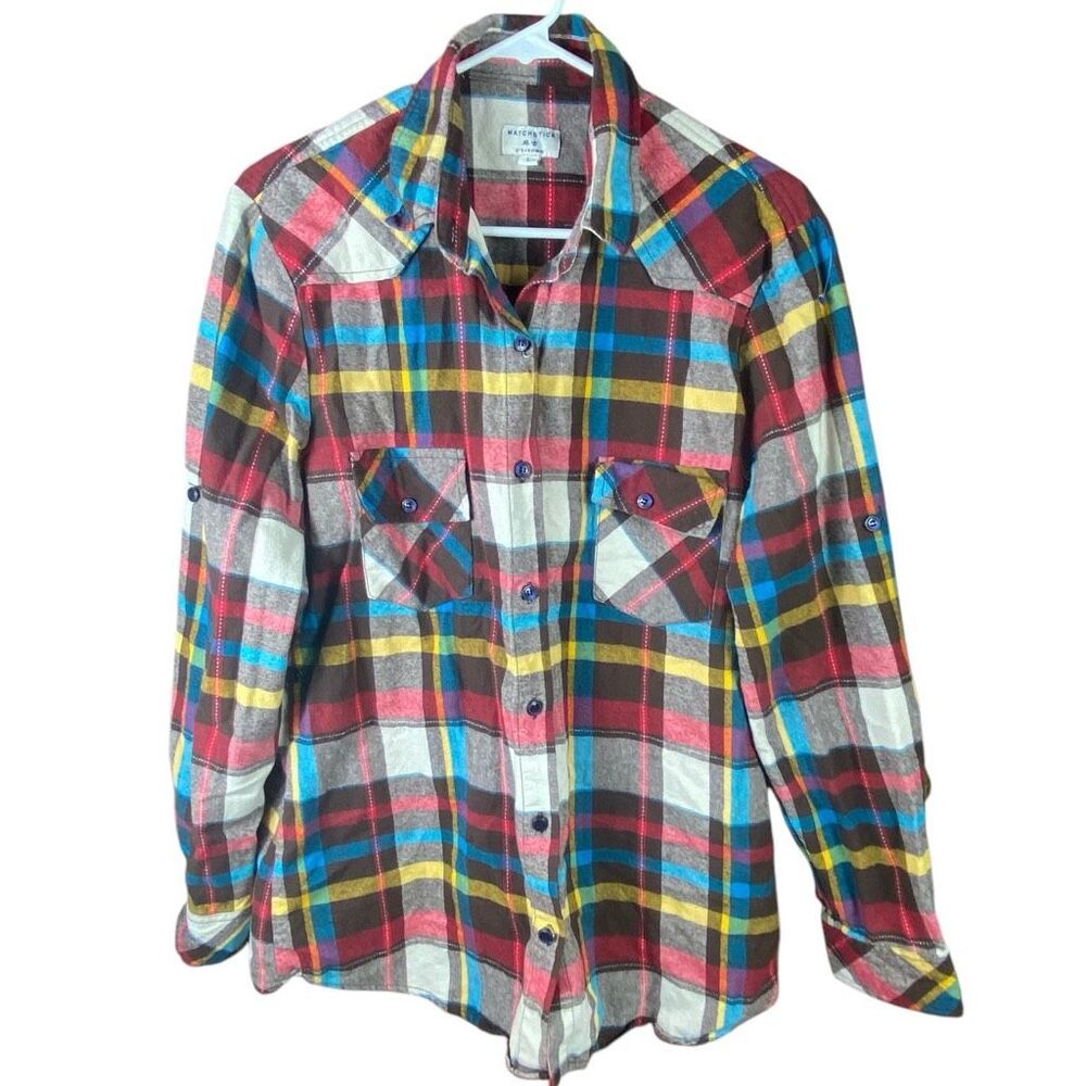 Match Stick Womens Multicolor Roll Sleeve Plaid Flannel Shirt Size Large